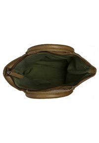 Borsa in pelle marrone con interno in tessuto verde, chiusura con zip, doppi manici e una forma strutturata; presenta dettagli di cucitura lungo i bordi.