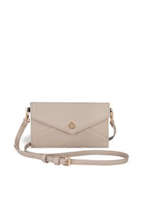 Beige leather envelope-style crossbody bag, featuring a gold-tone accent and adjustable strap. Smooth texture with stitched detailing.