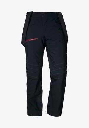 Černé sněhové kalhoty vyrobené z texturované tkaniny, se zipovou kapsou červené barvy, nastavitelnými popruhy a horizontálními švy.