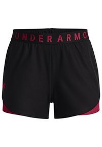 Černé sportovní šortky se širokým elastickým pasem s nápisem „UNDER ARMOUR“ tučně červeně a živými červenými bočními akcenty.