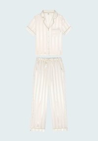 Short-sleeve cream striped pajama set with a pocket, satin finish, and gold accents. Includes matching pants with an elastic waistband.
