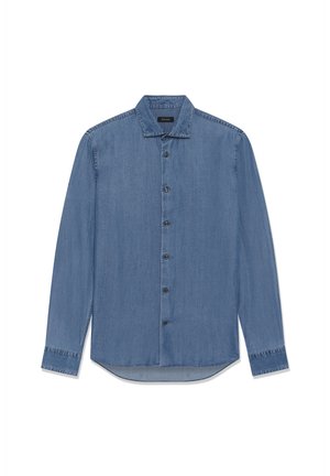 Camicia di jeans in tono blu medio. Presenta una chiusura frontale con bottoni, colletto appuntito e maniche lunghe con polsini abbottonati. Texture liscia.
