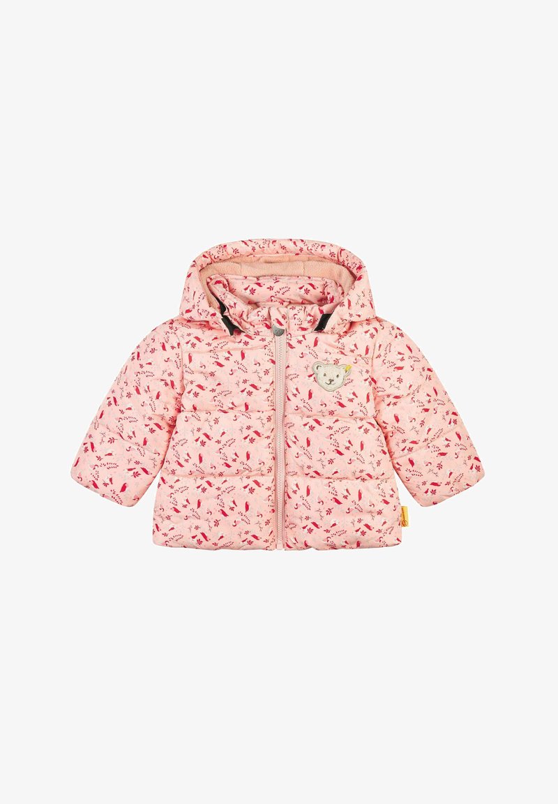 Doudoune rose à motif floral, fermeture éclair et capuche. Comprend un écusson ours sur la poitrine et une doublure douce pour plus de chaleur.