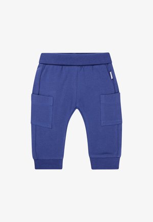 Blauwe katoenen cargobroek met elastische tailleband, twee zijzakken en geribde manchetten. Glad textuur en casual ontwerp.