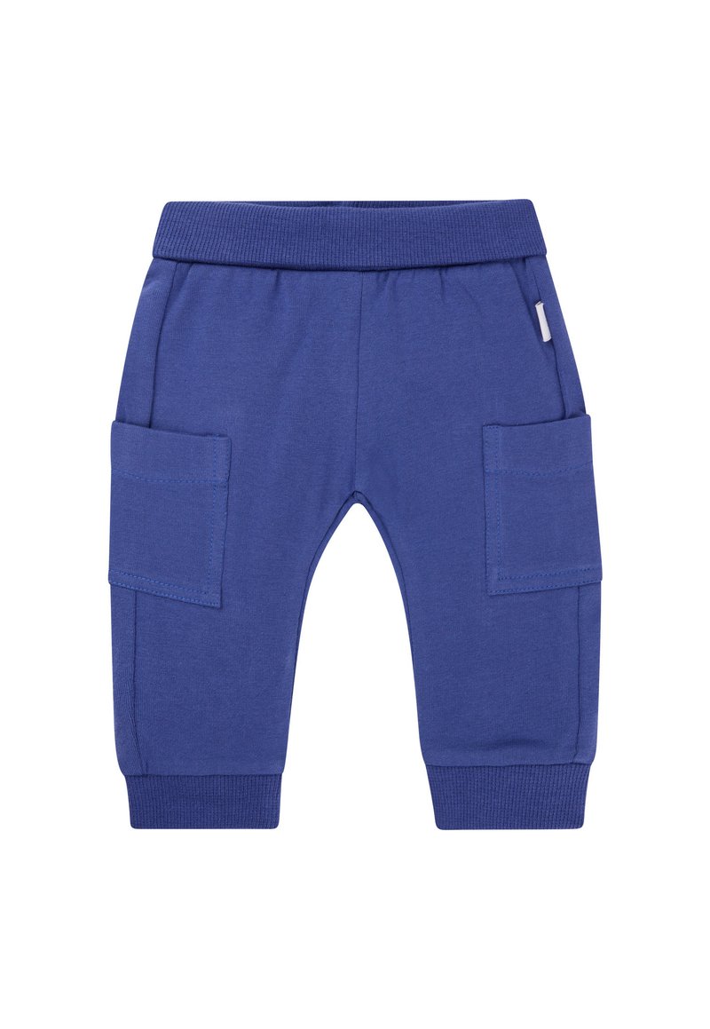 Pantalon cargo en coton bleu avec taille élastique, deux poches latérales et poignets côtelés. Texture lisse et design décontracté.