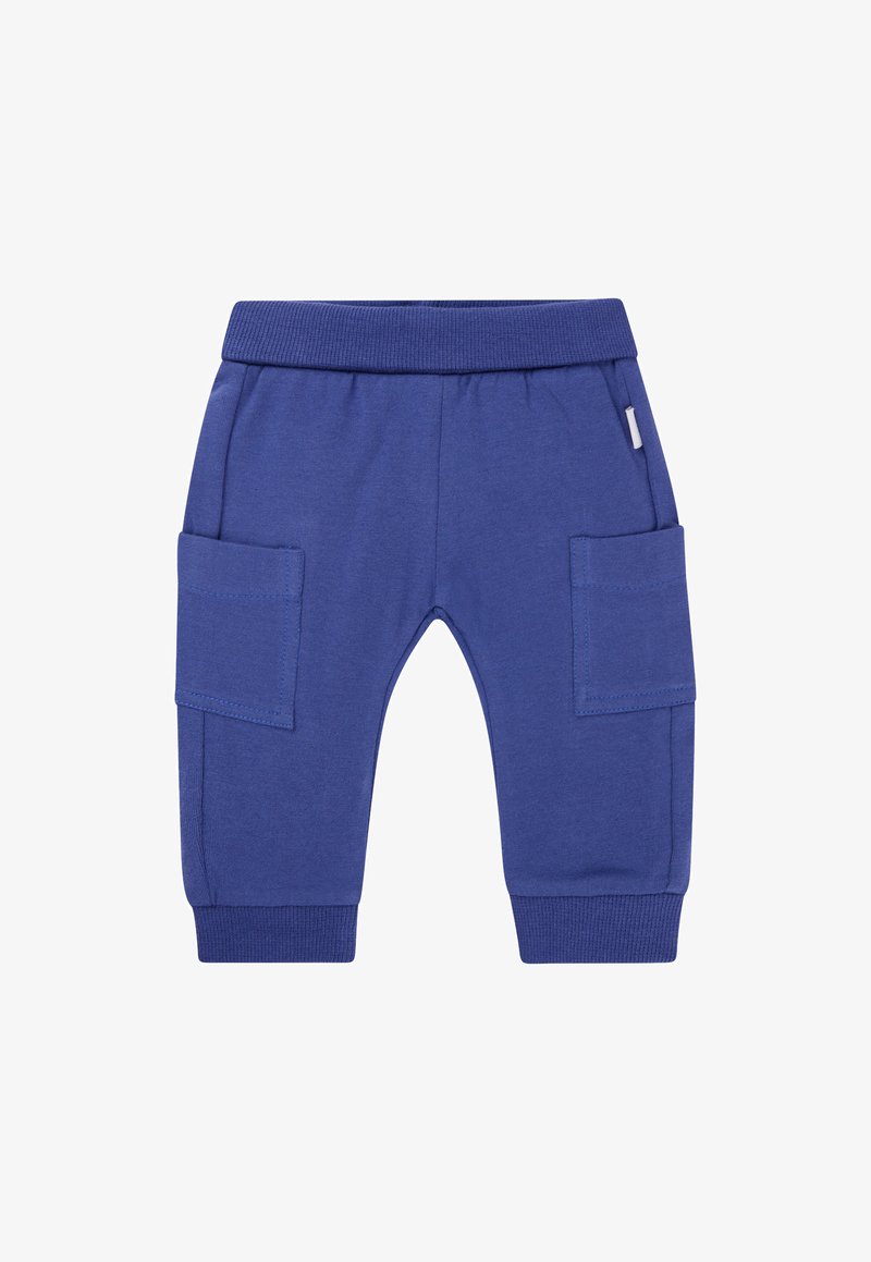 Blauwe katoenen cargobroek met elastische tailleband, twee zijzakken en geribde manchetten. Glad textuur en casual ontwerp.