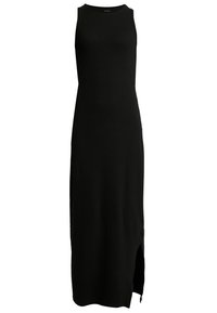 Ärmlös svart maxiklänning med rund halsringning och sidinslitning till vänster, figursydd silhuett.