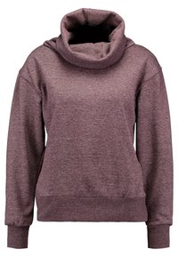 Sudadera de manga larga en color malva con un cuello de tortuga holgado y puños y cintura acanalados, presentada sobre un fondo blanco.