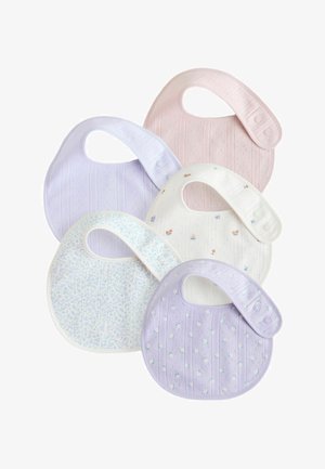 Five soft fabric baby bibs in pastel pink, lavender, white, and blue with small floral and textured patterns, featuring snap closures.