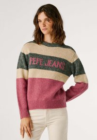Pinti megztinis rožinės, žalios ir smėlio spalvų atspalviuose su horizontaliomis juostelėmis; turi "PEPE JEANS" logotipą; apvalus iškirpimas ir raukšlėti rankogaliai.