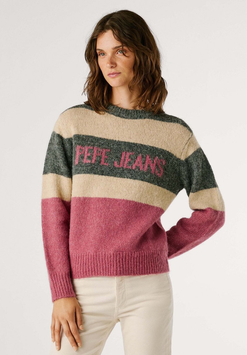 Pinti megztinis rožinės, žalios ir smėlio spalvų atspalviuose su horizontaliomis juostelėmis; turi "PEPE JEANS" logotipą; apvalus iškirpimas ir raukšlėti rankogaliai.