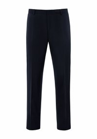 Navy broek met een rechte snit, gemaakt van gladde stof, met persplooien en riemlussen. Geen zichtbare zakken of versieringen.