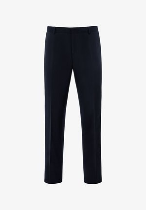 Blaue Hosen mit geradem Schnitt, aus einem glatten Stoff, mit Bügelfalte und Gürtelschlaufen. Keine sichtbaren Taschen oder Verzierungen.