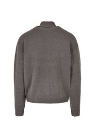 Grauer Wollpullover mit langen Ärmeln und hohem Kragen, mit gerippten Bündchen und Saum, von hinten auf einem weißen Hintergrund gezeigt.