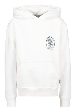 Biała bawełniana bluza z kapturem z przednią kieszenią, z niebieskim nadrukiem "Illinois Wilderness" i logo na piersi.