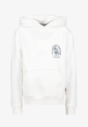 Witte katoenen hoodie met een voorzak, voorzien van een blauwe grafische print met de tekst "Illinois Wilderness" en een logodetail op de borst.