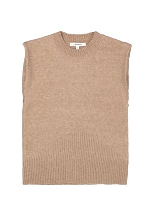 Pull en tricot beige sans manches, avec un col et un bas en côte, texture douce et détails diagonaux subtils.
