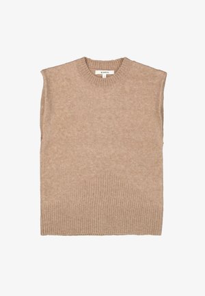 Beige gestrickter Pullover ohne Ärmel, mit einem gerippten Ausschnitt und unteren Saum, weichem Material und dezenten diagonalen Details.