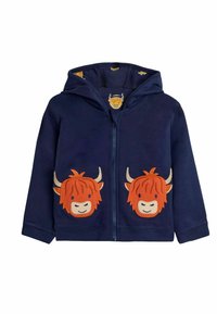 Felpa con zip blu navy realizzata in cotone, con due facce di mucca Highland ricamate di colore arancione sul davanti e un rivestimento interno del cappuccio con motivo.