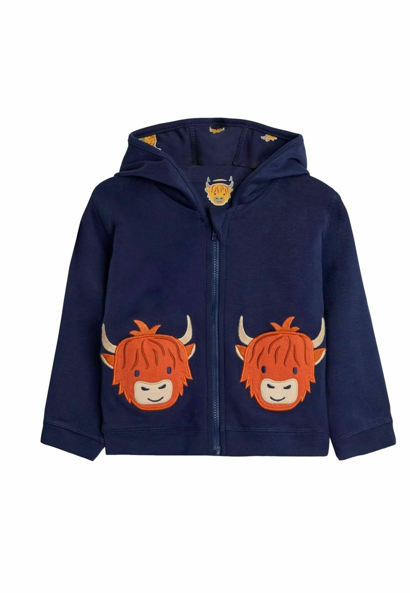 Felpa con zip blu navy realizzata in cotone, con due facce di mucca Highland ricamate di colore arancione sul davanti e un rivestimento interno del cappuccio con motivo.