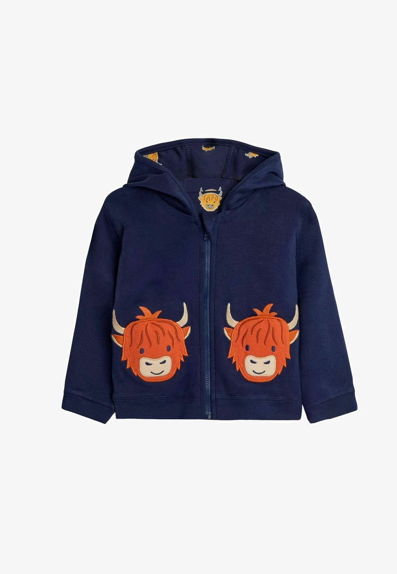 Jūras spēku zips džemperis, kas izgatavots no kokvilnas, ar diviem izšūtiem oranžiem augstkalnu govju sejas zīmējumiem priekšpusē un ar rakstainu iekšējo kapuces oderi.