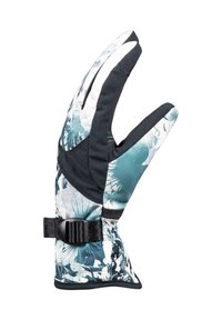 Gant à trois doigts avec un motif floral en teal et noir, présentant une surface texturée et une sangle ajustable pour un ajustement sécurisé.