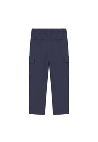 Marineblå cargo bukser med elastisk talje, som har to sidelommer og to baklommer. Glatt tekstur, rett ben design.