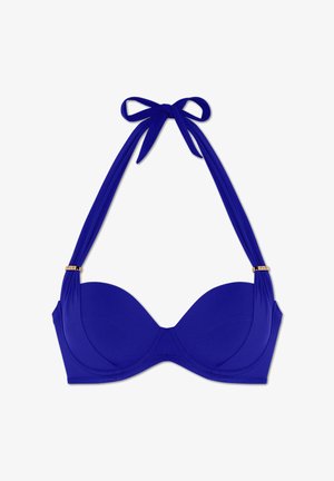 Modrý bikiny top s modelovanými košíčky, zavazováním za krk a zlatými akcenty. Hladký povrch s konturovaným tvarem a nastavitelnými ramínky.