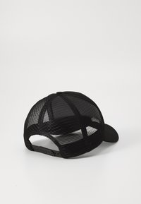 Black cap with a solid front panel and breathable mesh back, featuring a curved visor and adjustable plastic snap closure.