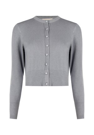 Cardigan cropped grigio chiaro con maniche lunghe e una fila di bottoni rivestiti in tessuto dello stesso colore sul davanti.