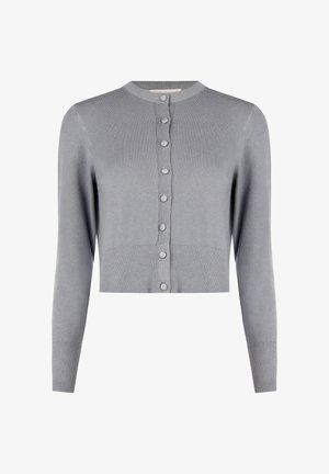 Hellgrauer, taillierter Cardigan mit langen Ärmeln und einer Reihe von passenden, mit Stoff bezogenen Knöpfen an der Vorderseite.