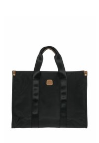 Zwarte tote bag gemaakt van duurzaam stof, met twee stevige handvatten en een bruin leren logo patch. Gladde textuur met een eenvoudig ontwerp.