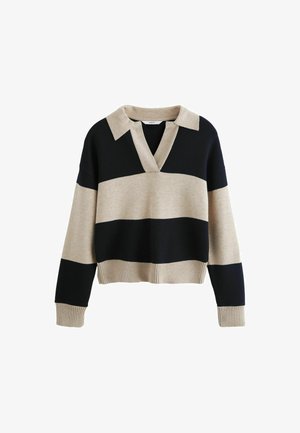 Schwarz-beiger, gestreifter Pullover mit V-Ausschnitt und Kragen. Hergestellt aus weichem Material und mit gerippten Bündchen und Saum. Verkürztes Design.