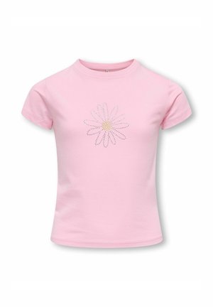 Light pink short-sleeve t-shirt with a rhinestone daisy design in the center, featuring clear petals and a yellow center.