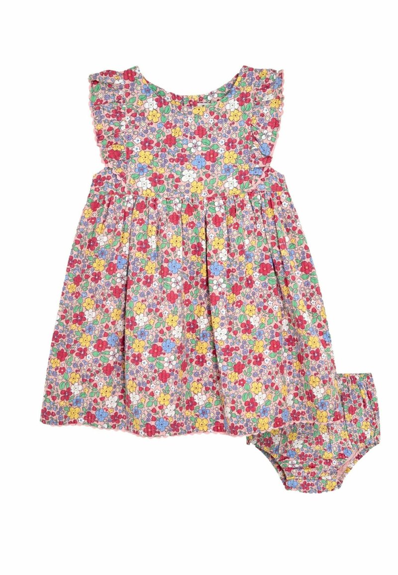 Rochie din bumbac cu flori, cu manșete volan, având un amestec de flori roșii, galbene, albastre și verzi pe un fundal roz deschis. Include chiloți asortați.