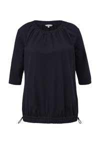 Top blu navy a maniche corte con scollatura arricciata e orlo regolabile con cordino. Realizzato in tessuto morbido con vestibilità comoda.