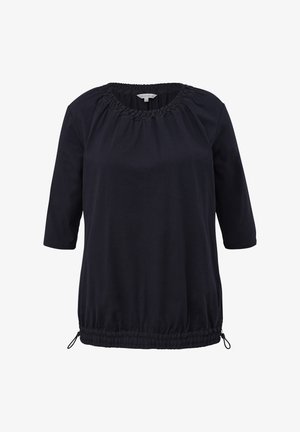 Top azul marino de manga corta con escote fruncido y dobladillo ajustable con cordón. Fabricado en tejido suave con un corte relajado.