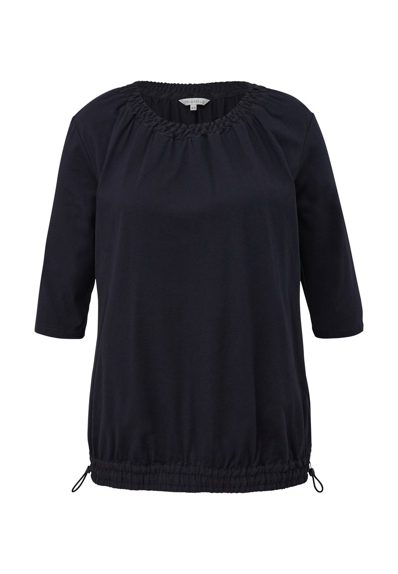 Top blu navy a maniche corte con scollatura arricciata e orlo regolabile con cordino. Realizzato in tessuto morbido con vestibilità comoda.