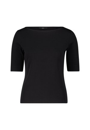 Haut noir à manches courtes avec une encolure large, fabriqué en tissu lisse, présentant un design ajusté sans motifs ni embellissements supplémentaires.