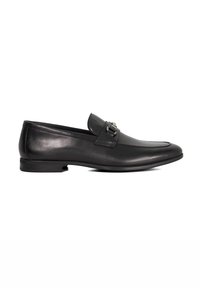 Black leather loafers with a round toe, flat heel, and a decorative metal buckle on the front. Smooth finish with subtle shine.