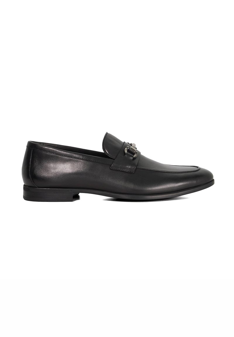 Black leather loafers with a round toe, flat heel, and a decorative metal buckle on the front. Smooth finish with subtle shine.