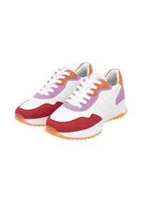 Sneakers featuring a white smooth body with red, purple, and orange accents. Textured rubber sole with a zigzag pattern and white laces.