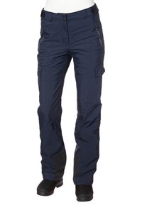 Marinblå cargobyxor med en slät textur, justerbart midjeband, sidofickor och förstärkta svarta lappar på knäna.