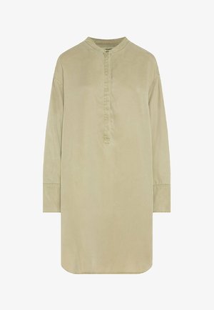 Long-sleeve beige tunic shirt with a round neckline and a short button placket down the front, displayed on a white background.