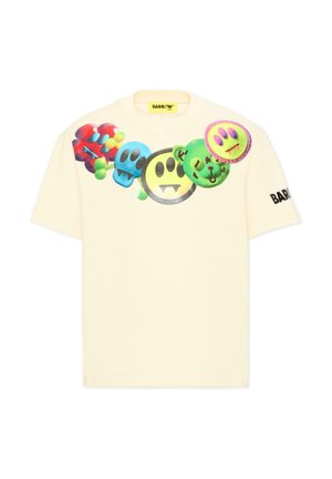 Kremowy T-shirt z kolorową grafiką sześciu okrągłych twarzy w stylu kreskówkowym w kolorach czerwonym, niebieskim, żółtym, zielonym i różowym na przodzie.