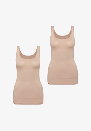 Dwa beżowe topy na ramiączkach z okrągłym dekoltem i dopasowanym krojem. Wykonane z miękkiego materiału z bezszwowymi brzegami i gładką teksturą.
