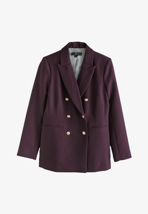 Dvouřadový blejzr z tmavě fialové látky, se zlatými knoflíky, klopami a dvěma předními kapsami s klopou. Pruhované vnitřní podšívka.