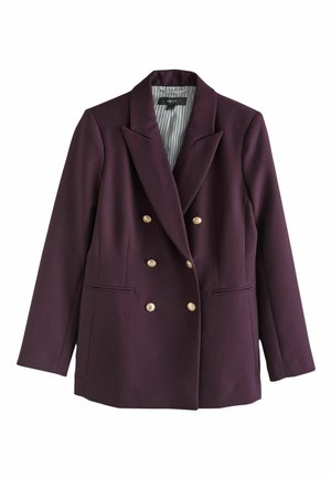 Dunkelvioletter, doppelt gearbeiteter Blazer aus stoff, ausgestattet mit goldfarbigen Knöpfen, mit Revers, und zwei vorderen Leistentaschen. Gestreifte Innenauskleidung.