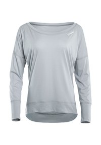 Light gray long-sleeve shirt made of soft fabric. Features a wide neckline, dropped shoulders, and a slightly curved hem. Subtle logo detail.