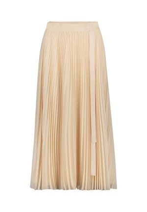 Plissé midi-rok van zachte beige stof. Heeft een gladde tailleband en een zijlintdetail. Vloeiend ontwerp met verticale plooien.